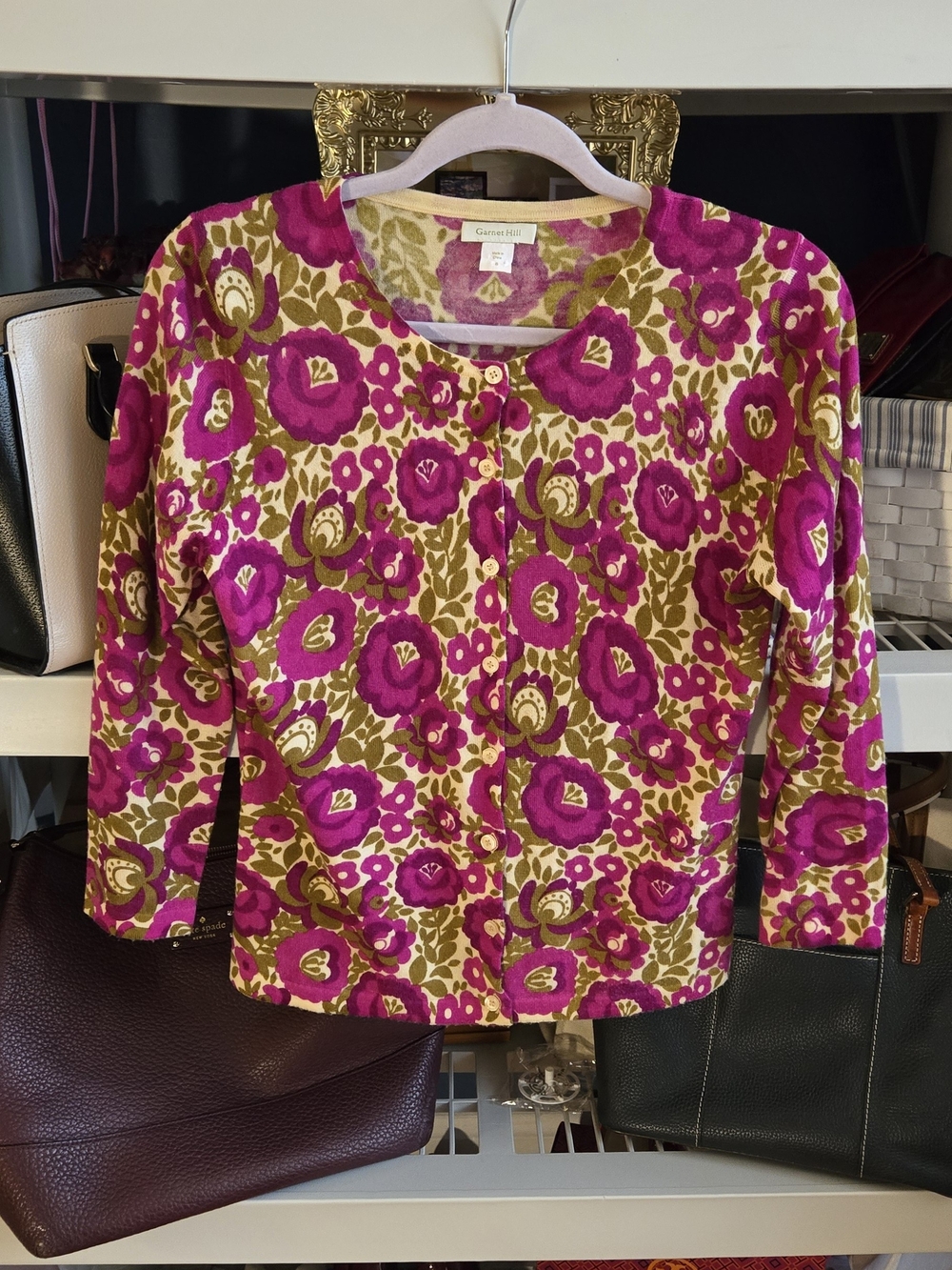 Garnet Hill Fuchsia and Olive Floral Merino Wool Cardigan